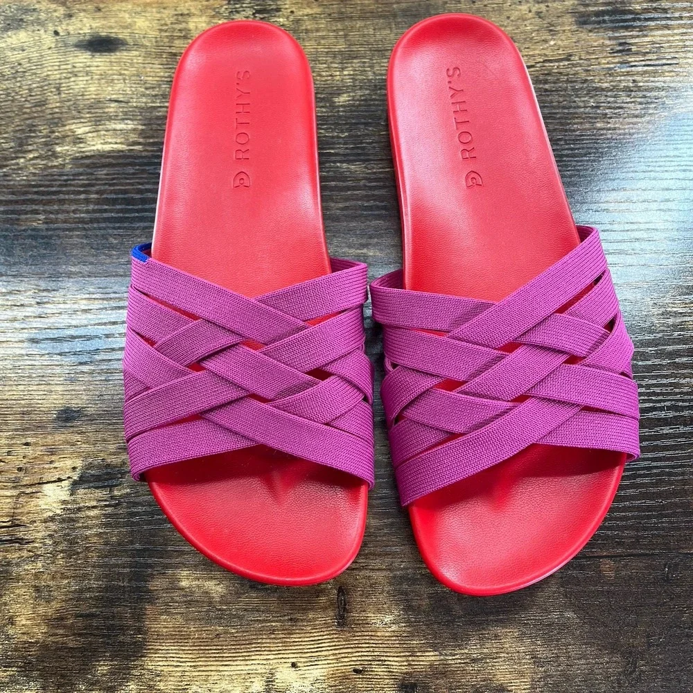 Rothy's The Slide Sandals Cherry Pink Woven Crossover Women's Size 7 Slip On